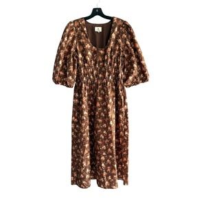 NWOT Tuckernuck Floral Print Midi Dress Puff Sleeve Elastic Waist Brown Size M
